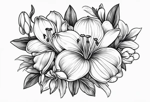 snowdrop flower, iris flower, cherry blossom flower, daisy flower, morning glory flower bouquet tattoo idea
