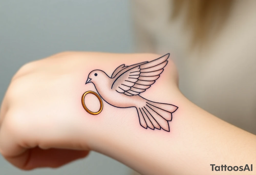 A collared dove with a golden wedding ring clasped in its talons, in a soft golden hue with the dove in pale gray and white, symbolizing commitment and eternal love tattoo idea