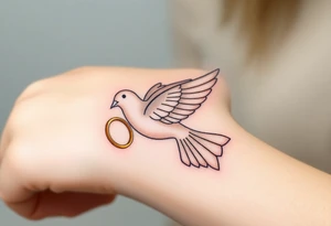 A collared dove with a golden wedding ring clasped in its talons, in a soft golden hue with the dove in pale gray and white, symbolizing commitment and eternal love tattoo idea