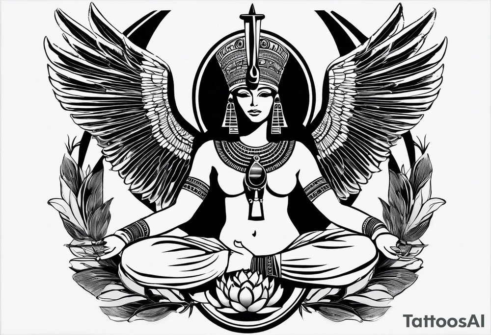 black and white Egyptian goddess Isis, who is often depicted as a woman with outstretched wings, holding an ankh (a symbol of life) in one hand and a lotus flower in the other. Her headdress often includes a throne or a solar disk. The tattoo design can vary in style and size, but it typically aims to capture the essence of this revered Egyptian deity, emphasizing her beauty, power, and maternal qualities. The choice of colors and additional elements can also be customized to create a unique and visually striking representation of the goddess Isis tattoo idea