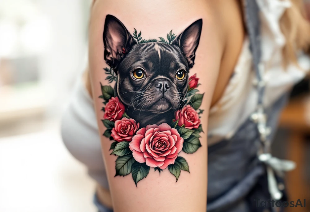 Stafford with Flowers – A soft black Stafford with a wreath of realistic red roses and green leaves around its neck, blending toughness with gentleness. tattoo idea