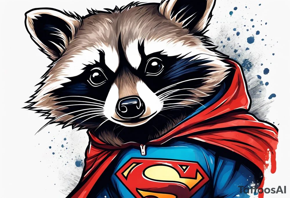 raccoon wearing a Superman hoodie tattoo idea