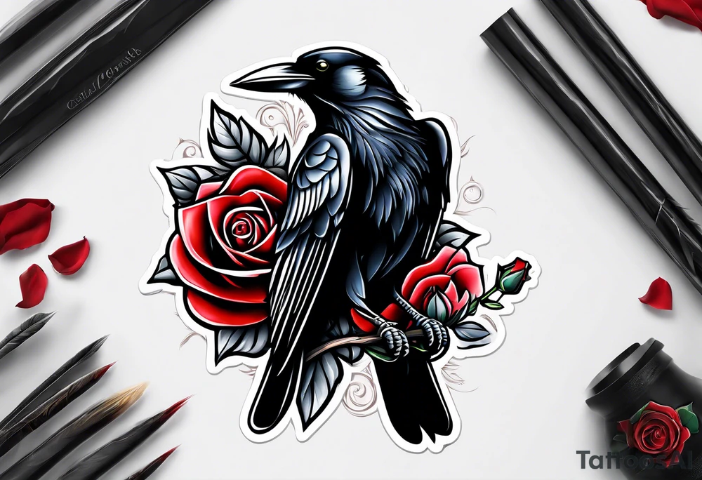 Crow standing holding a red rose tattoo idea