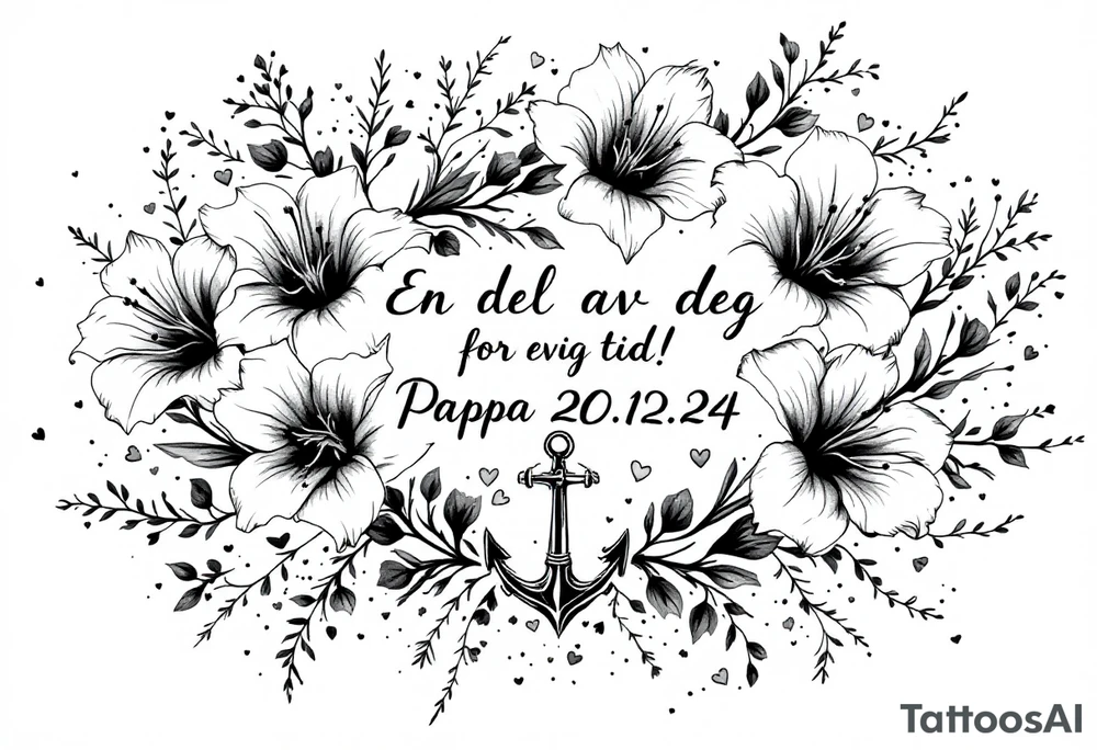 «En del av deg for evig tid!
Pappa 20.12.24» Surrounded by long gladiolus, hearts, notes and an anchor. tattoo idea