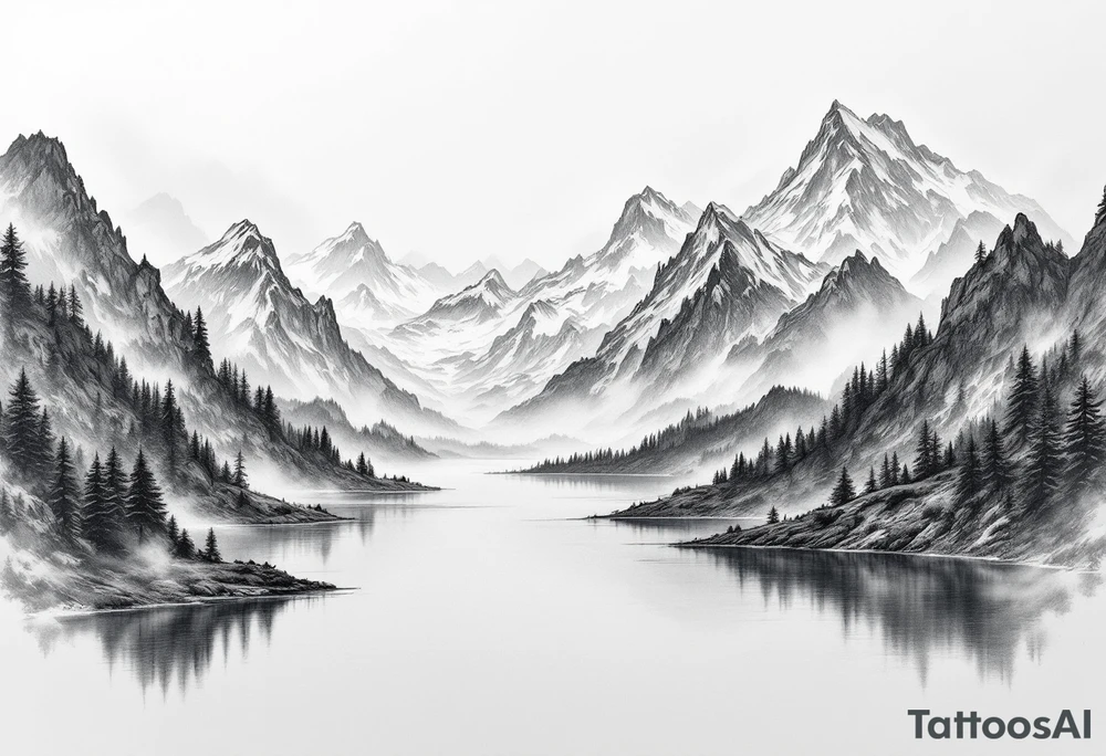 large lake with multiple mountains portrait sizing tattoo idea