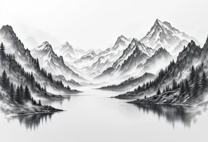 large lake with multiple mountains portrait sizing tattoo idea