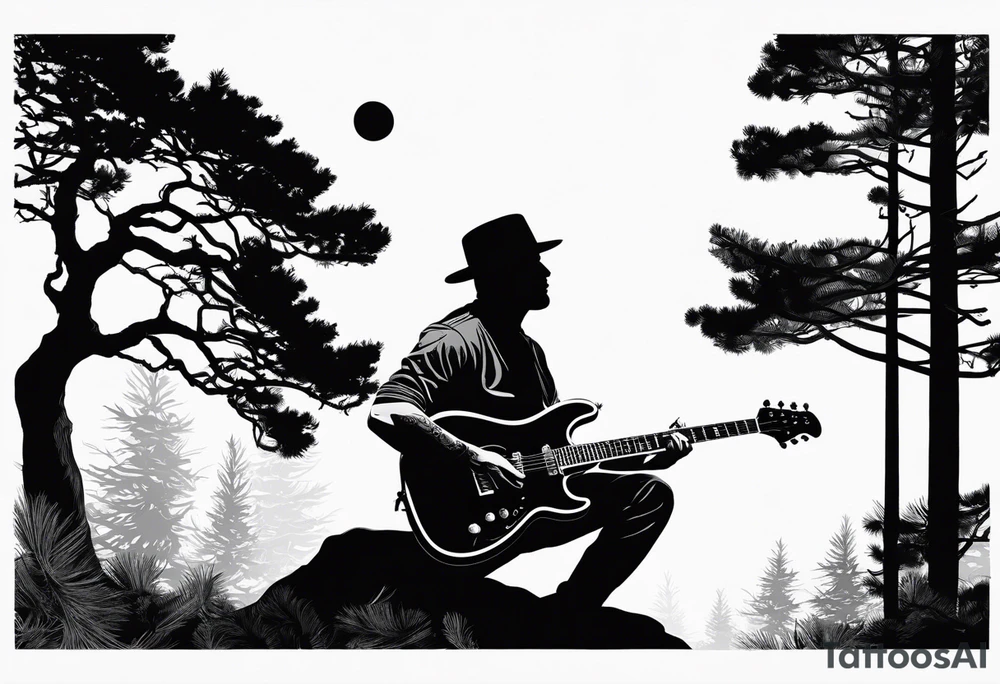 silhouette of a man playing electric guitar while sitting in a pine tree. tattoo idea
