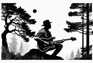 silhouette of a man playing electric guitar while sitting in a pine tree. tattoo idea