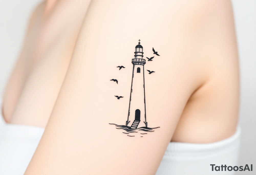 Simple Lighthouse shining with birds,  and crescent moon on water tattoo idea