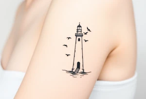 Simple Lighthouse shining with birds,  and crescent moon on water tattoo idea