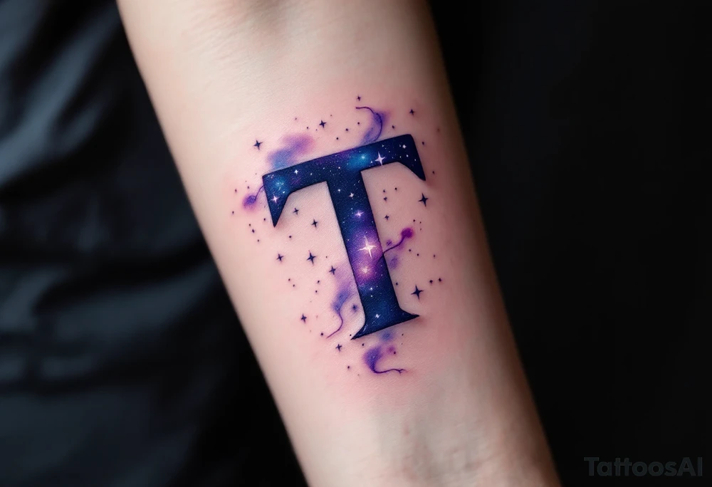 A galaxy-themed "T" in deep violet and midnight blue, speckled with white stars. tattoo idea