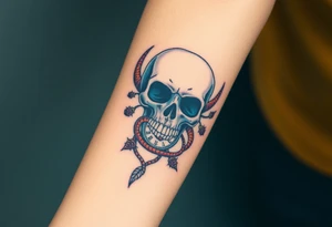 Skull with a snake going through its eyes or mouth include a clock and prickly vines tattoo idea
