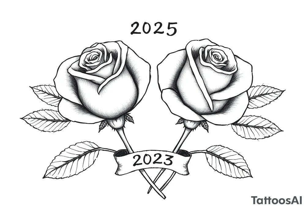 two beautiful rose buds, side by side, with many leaves and stems intertwined, representing two people in love. Include a small banner with "2025" on it.  The word "Rose" written in Kanji above the drawing.  Dark outlines tattoo idea