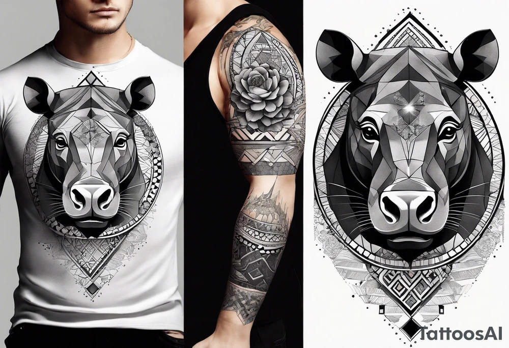 Very asymmetrical, +geometric pattern, with realistic full moon, with hippo,+tribal, +geometric, +inkart , +blackwork, +grey scale, + sketch
with wintersweet flower bud, +for men, detailed layering , combined favourite , tattoo idea