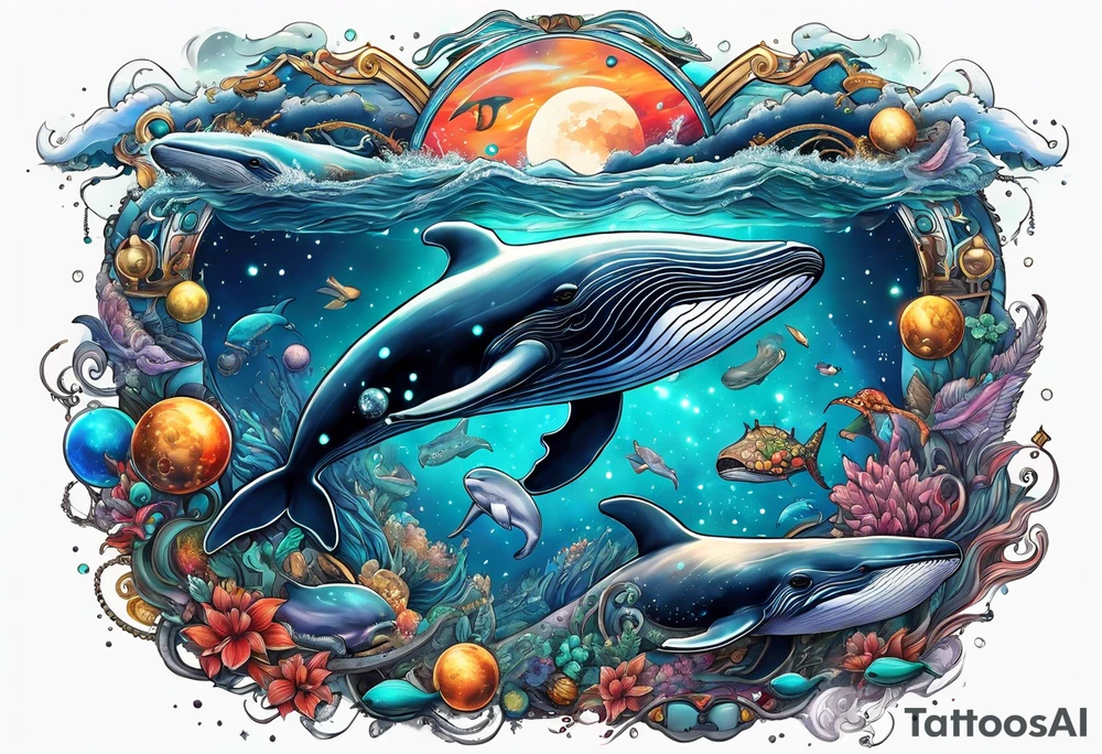 whales in outer space tattoo idea