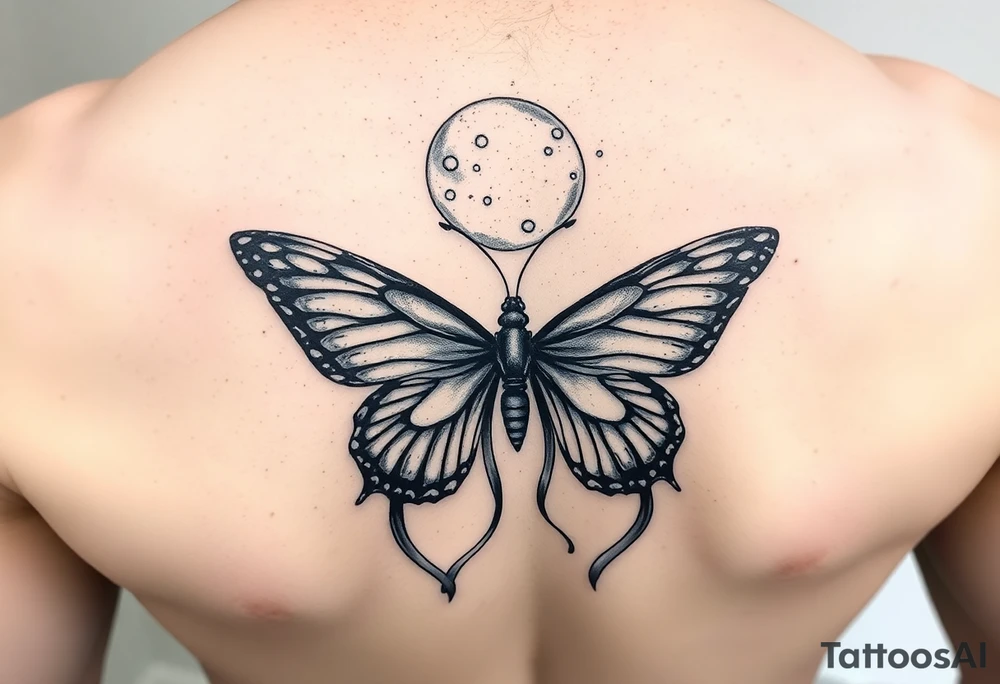 ethereal butterfly with flowing silk ribbons in moonlight tattoo idea