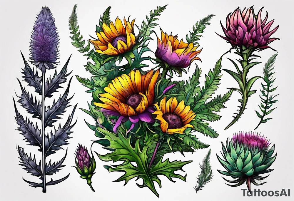 saturated mixed wildflower with ferns and thistles with color tattoo idea