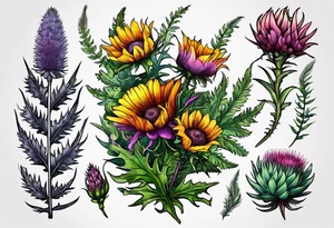 saturated mixed wildflower with ferns and thistles with color tattoo idea