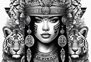Aztec female warrior with aztec symbols in the background with a tiger tattoo idea