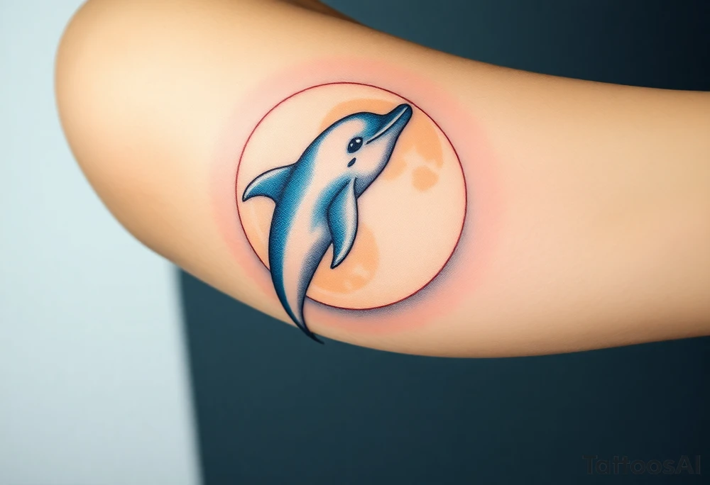 A dolphin emerging from a glowing full moon, with a deep navy-blue sky and soft silver highlights tattoo idea