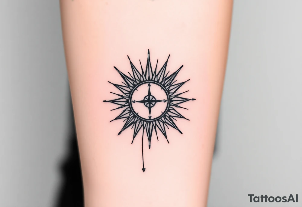 minimal line design for inner forearm. Add a sun with rays that is also a compass with a bit of abstract lines coming down and circling around tattoo idea