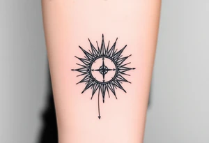 minimal line design for inner forearm. Add a sun with rays that is also a compass with a bit of abstract lines coming down and circling around tattoo idea