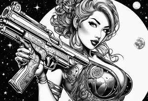 Pinup woman holding laser gun in space tattoo idea