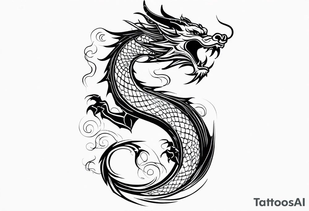 An epic floating asian dragon. Its long body coiling dynamically, with scales and horns detailed to create a sense of movement and strength. The dragon's giving a vibrant depth and a mystical aura. This tattoo highlights the dragon’s fierce expression and sharp claws. tattoo idea