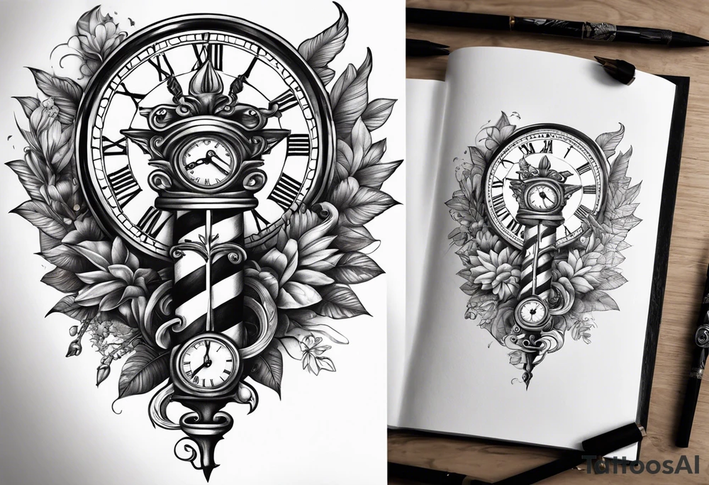 Caduceus with clock at 4:09 and remember to live in latin tattoo idea