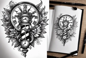 Caduceus with clock at 4:09 and remember to live in latin tattoo idea