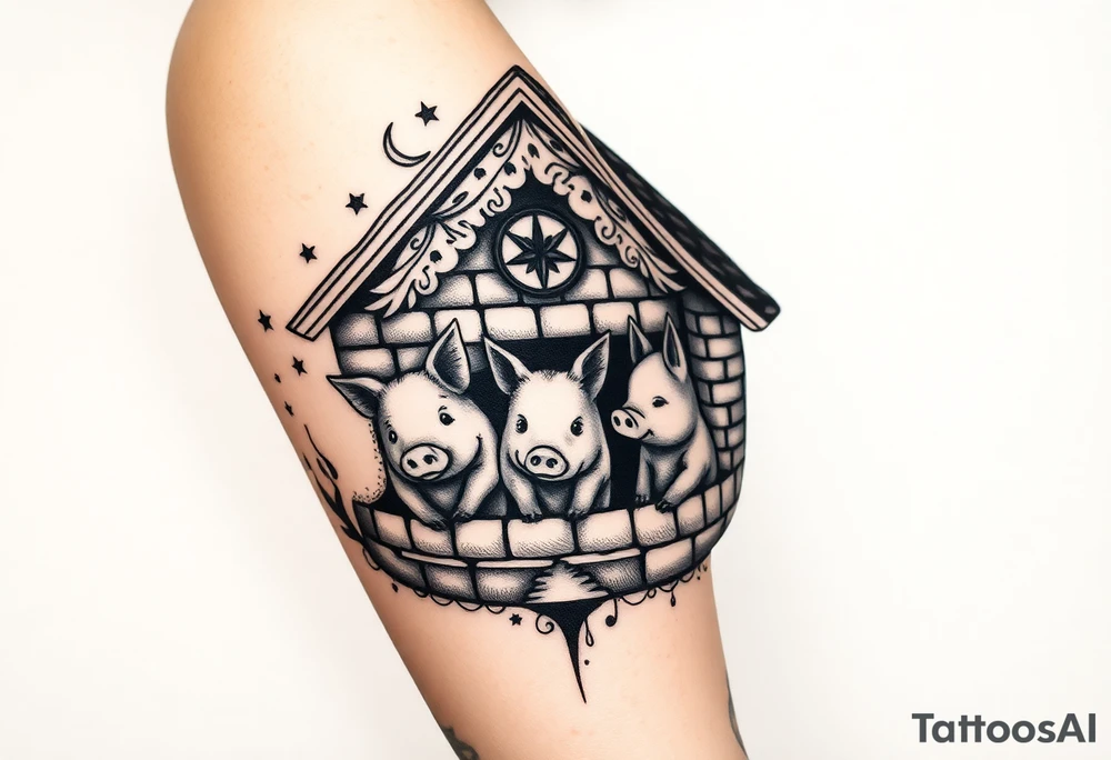 Three little pigs nursery rhyme hiding in a brick house from the big bad wolf I'll huff and puff and blow ur house down tattoo idea