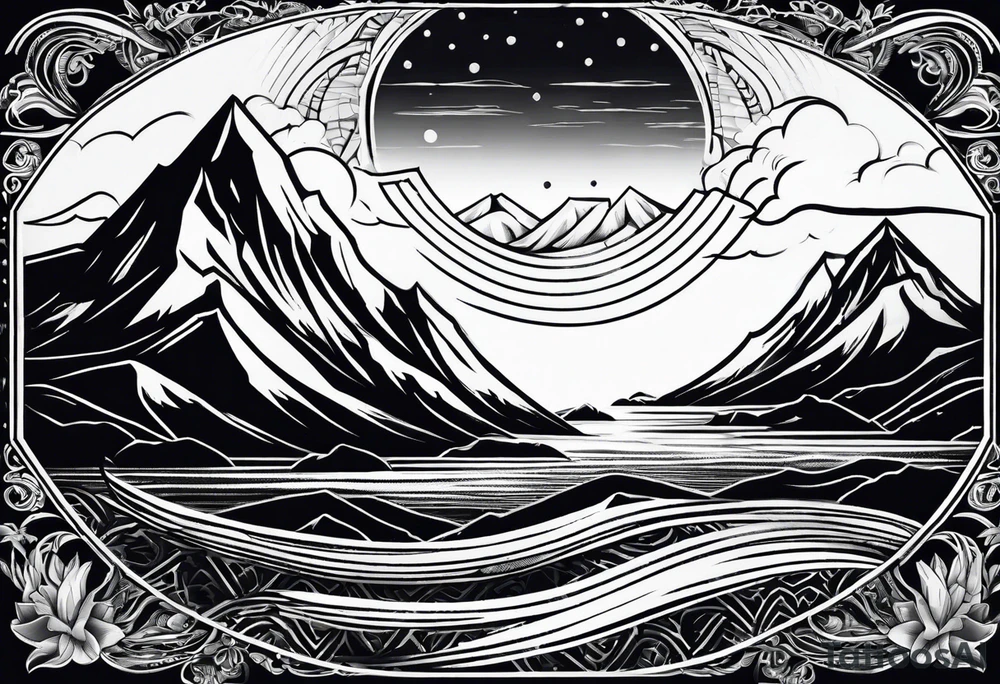 Mountains and ocean waves in a diamond shape tattoo idea