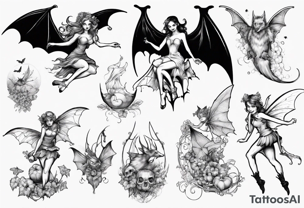 Fairy riding on a giant bat tattoo idea