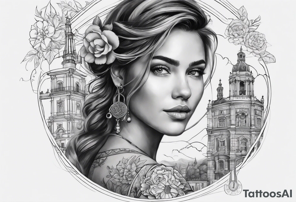 Create a tattoo design that symbolizes the connection between a family spread across Portugal and Germany, with a central figure who travels between the two. Incorporate elements representing both countries' cultures and landmarks, linked by a path or journey motif. The design should evoke feelings of unity, distance, and the bond of family. tattoo idea