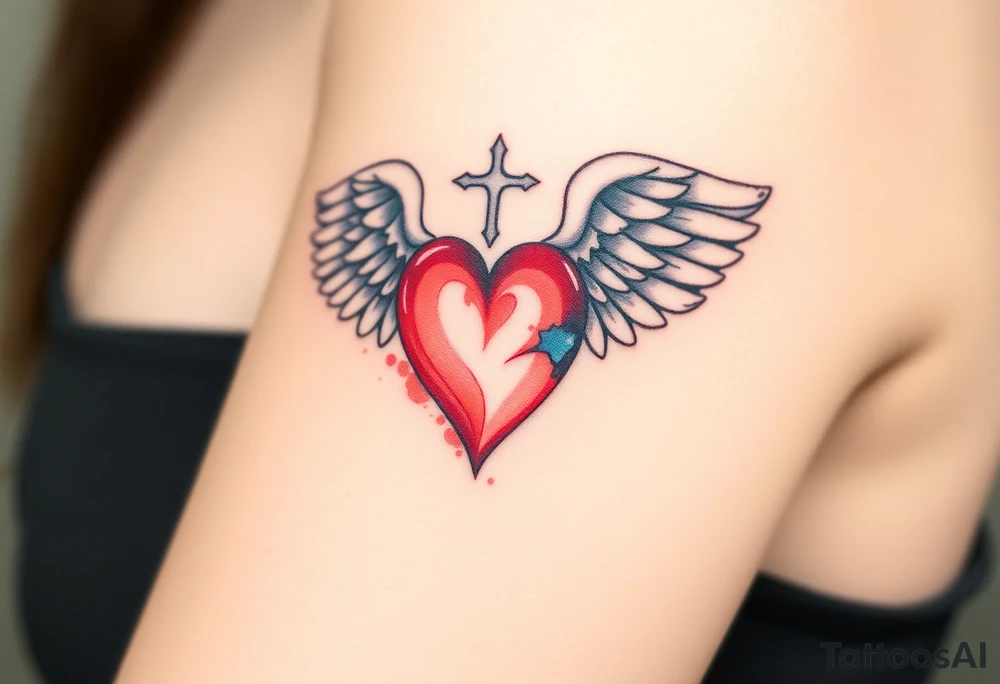 dainty catholic sacred heart with angel wings tattoo idea