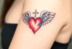 dainty catholic sacred heart with angel wings tattoo idea