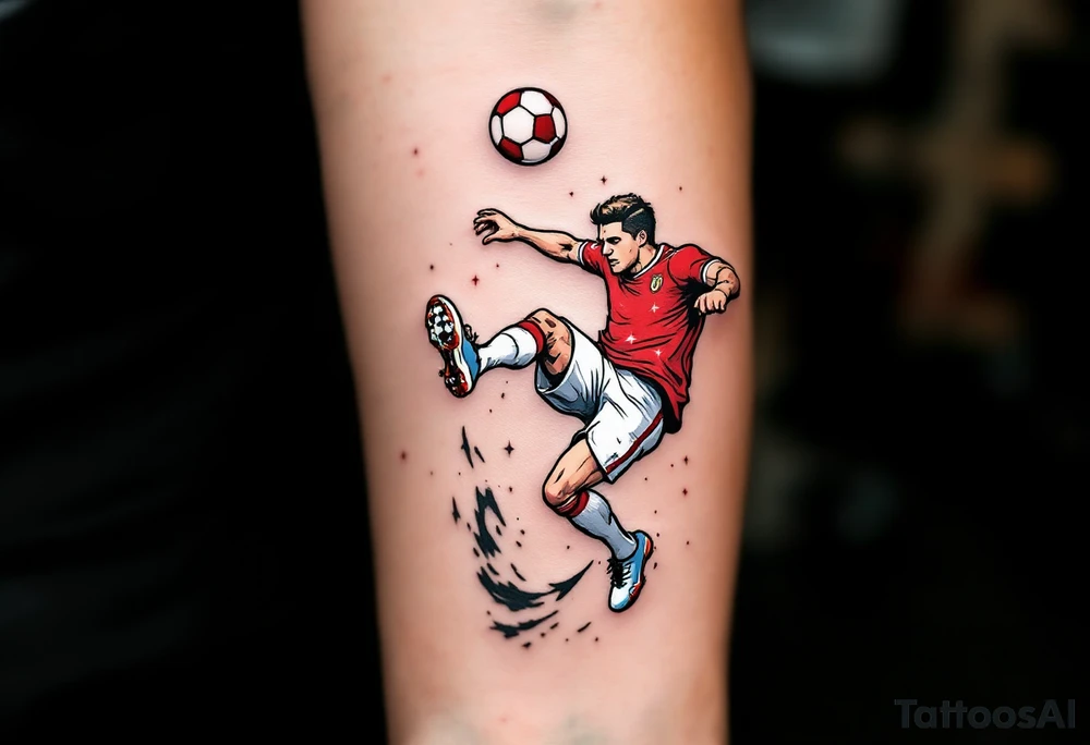 A comic-style football player doing a bicycle kick, red jersey sparkling, white shorts flying, with a red-and-white ball overhead. tattoo idea
