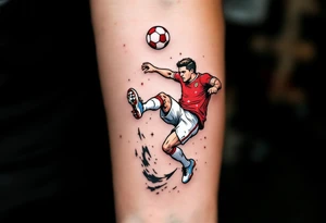 A comic-style football player doing a bicycle kick, red jersey sparkling, white shorts flying, with a red-and-white ball overhead. tattoo idea