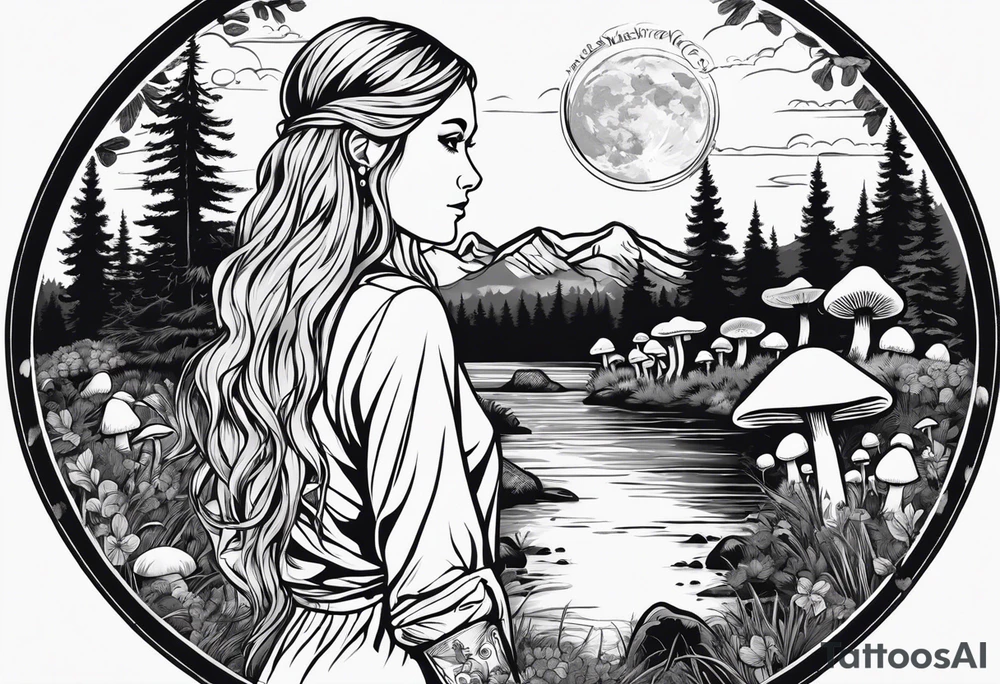 Whole picture encircled fully

Straight long blonde hair hippie girl in distance holding mushrooms in hand facing away toward mountains and creek surrounded by mushrooms long sleeve shirt and hiking pants; whole rendering within a full circle, no cut off circle tattoo idea
