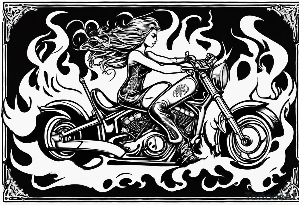 i want a tattoo of a girl riding a motorcycle with flames the words “Viking Customs” tattoo idea