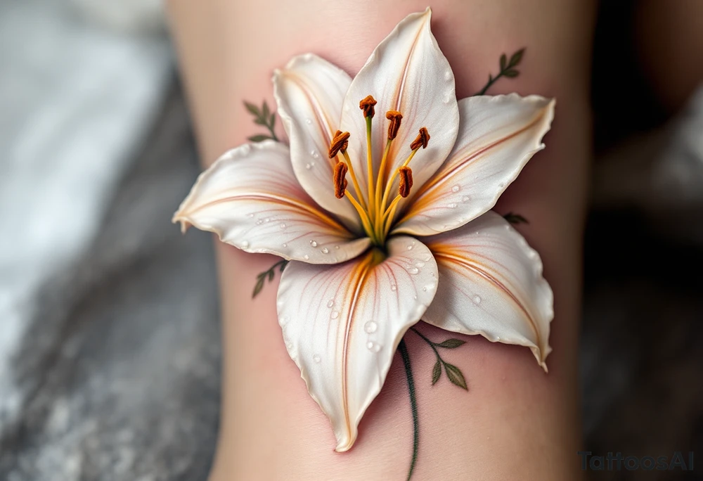 A beautifully detailed white lily with soft golden accents, its petals gracefully curving outward, revealing subtle hints of blush pink near the center. Tiny dew droplets rest on the petals, reflecting light for a realistic effect. tattoo idea