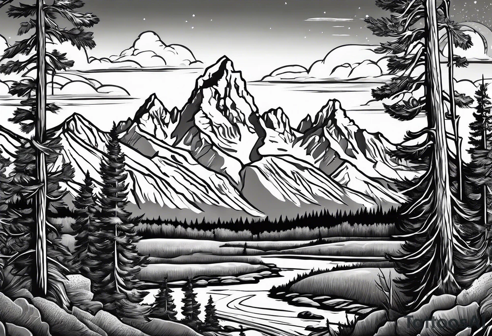 Simple Half sleeve of Teton mountain range with trees lining the bottom of tattoo tattoo idea