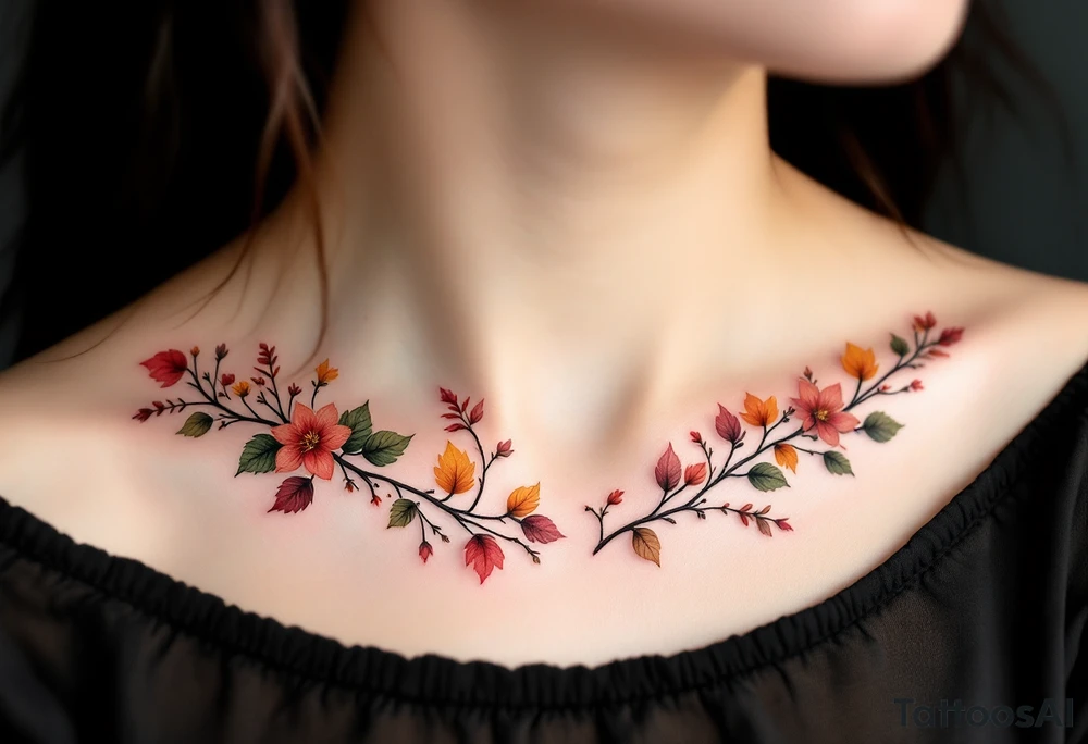 Two separate collarbone tattoos of long, stems and branches covered with red, orange, yellow and dark forest green leaves and flowers, fall themed, muted, delicate and gentle but moody, long and thin, following the collarbone. tattoo idea