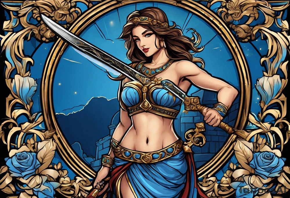 ancient rome clothes women, with Libra in one hand and a sword in the other, blue rose frames, justicia tattoo idea