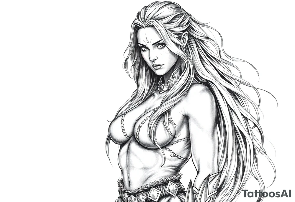 Viking goddess warrior full body sexy long hair tattoo idea