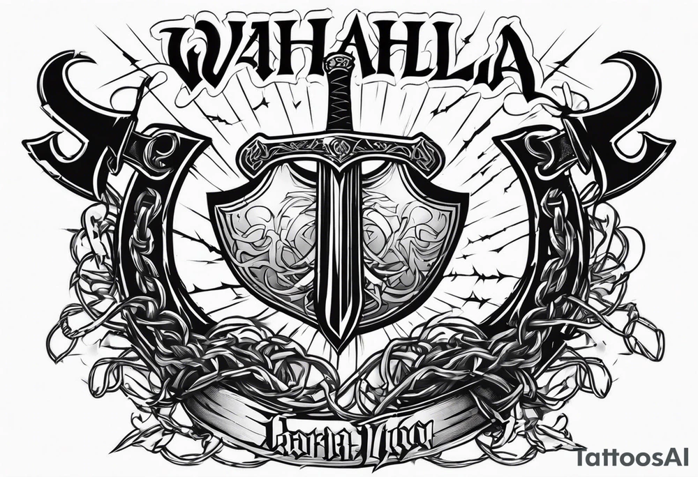 Valhalla sword shield axe barbed wire chains dark cloud lightning tattoo idea