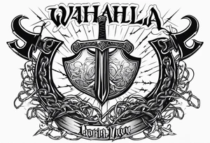 Valhalla sword shield axe barbed wire chains dark cloud lightning tattoo idea