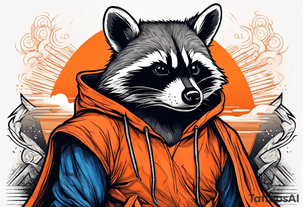 Raccoon wearing an orange Superman hoodie tattoo idea
