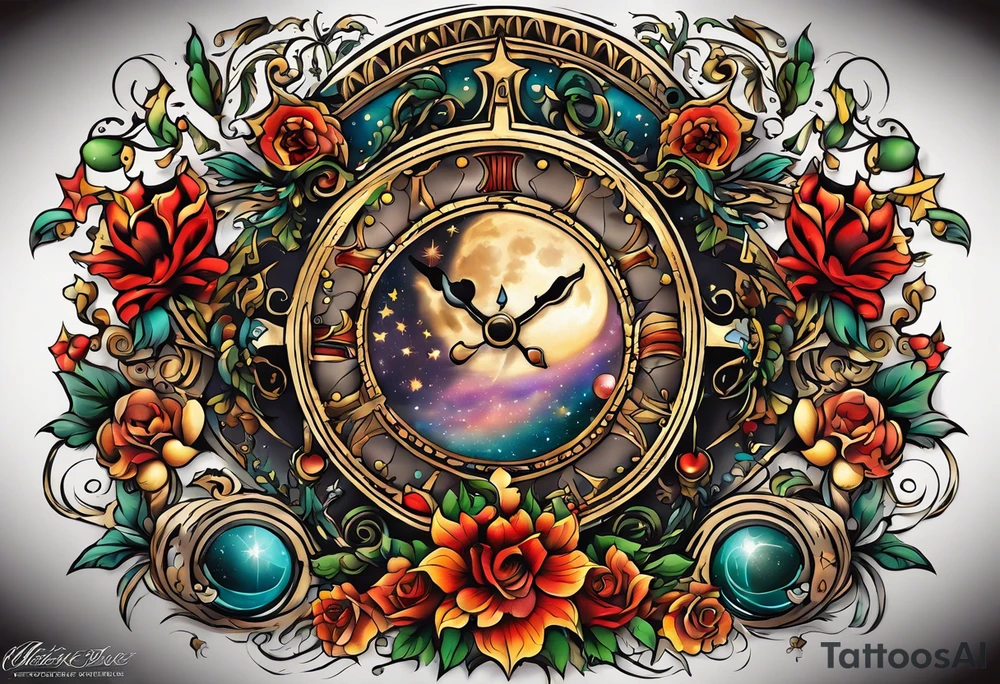 A tattoo design inspired by southern Italian folklore tales, incorporating mystical creatures and celestial objects such as moons and stars, reflecting the client's love for folklore and celestial objects. tattoo idea