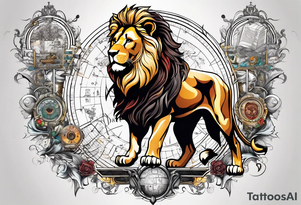 heraldic lion surrounded by scientific formulas tattoo idea